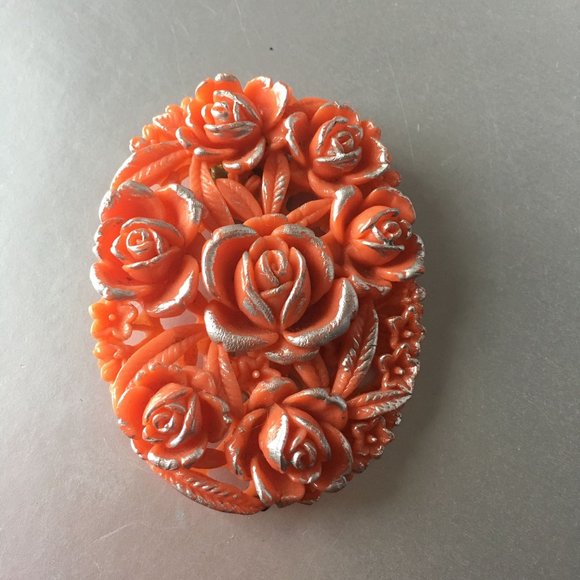 Floral Celluloid Orange Dress Clip Pin Vintage Costume Jewelry made in USA - Picture 2 of 5